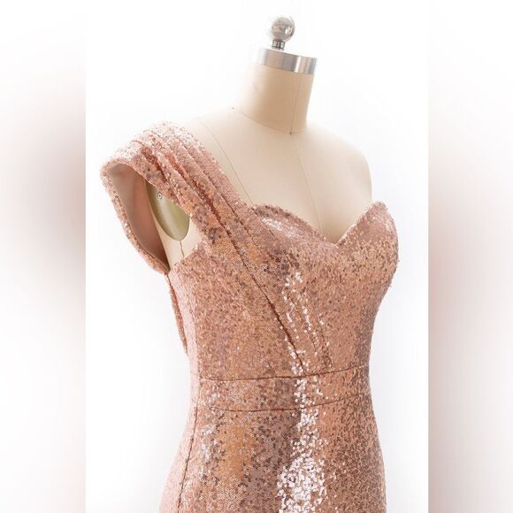 NWT Rose Gold One-Shoulder Sweep/Brush Train Beading Sequins Dresses - Picture 9 of 15